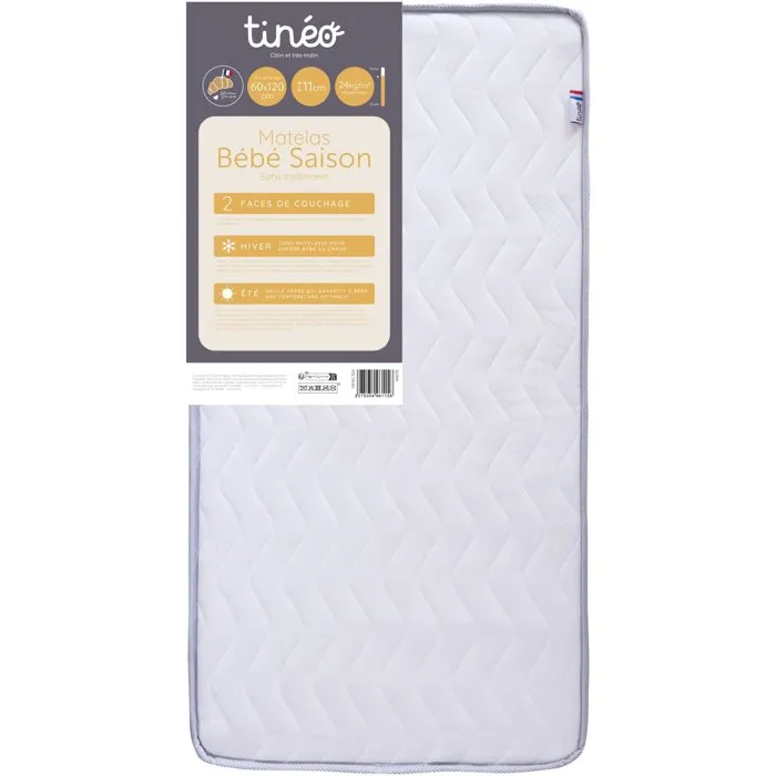 Tineo - Matelas bébé évolutif 2 faces hiver/été 60 x 120 cm ép. 11 cm en mousse polyuréthane, fabriqué en France, traité anti-acariens