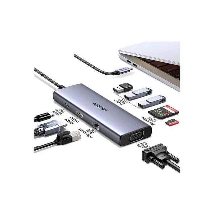 UGREEN Hub USB-C 9 en 1 avec Ports HDMI 4K, VGA, RJ45 Gigabit, USB-A 3.0, USB-C PD, Lecteurs SD/TF - Adaptateur Multiport USB-C Noir