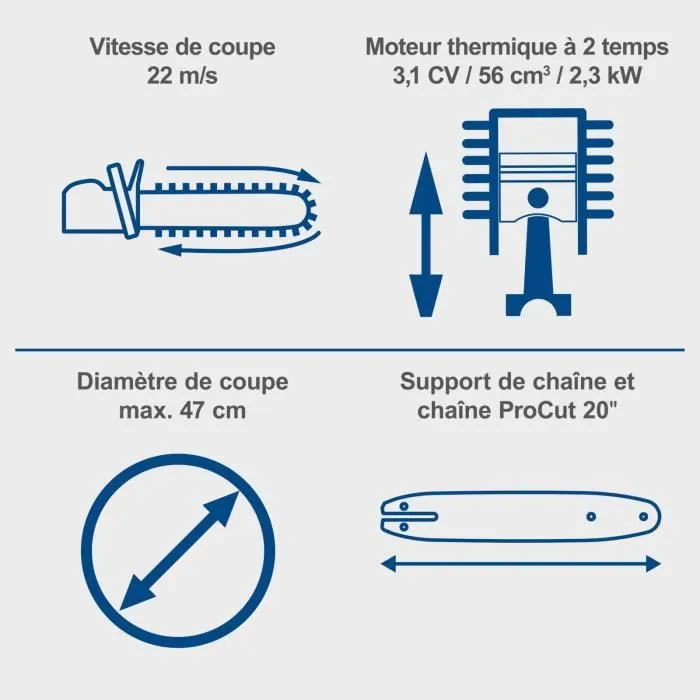 Scheppach Tronçonneuse thermique PCS56E, 56 cm3, longueur de guide 51 cm, démarrage électrique Scheppach Tronçonneuse thermique PCS56E, 56 cm3, longueur de guide 51 cm, démarrage électrique