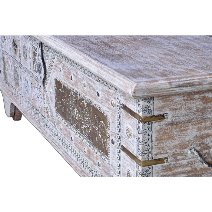 GINER Y COLOMER Malle de rangement en bois de manguier avec finition blanc vieilli, ouverture par le dessus, détails en bronze - 48 x 148 x 43 cm 3 GINER Y COLOMER Malle de rangement en bois de manguier avec finition blanc vieilli, ouverture par le dessus, détails en bronze - 48 x 148 x 43 cm 3