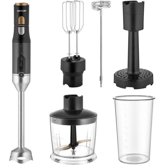 Sencor SHB 6442BK Mixeur plongeant 6 en 1, 1200 W, technologie Titanium QuadBlade, noir - Inclut gobelet, écraser-pommes, fouet, hachoir et mousseur à lait