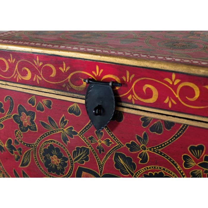 GINER Y COLOMER Fabrica2 - Coffre de rangement en bois de manguier peint à main rouge à motifs floraux dorés et noirs - 2 pièces (35x54x44 cm et 31x31x31 cm)