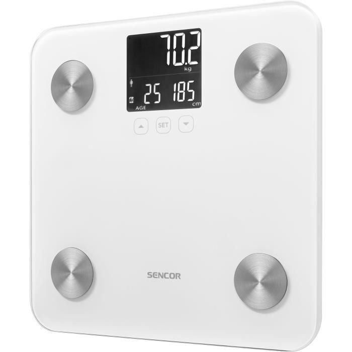 Sencor SBS 6025WH - Balance Pèse-Personne Connectée - Ecran LCD - Analyse Graisse, Eau, Muscle, IMC - Mémoire 12 Utilisateurs - Capacité 180 kg - Blanc