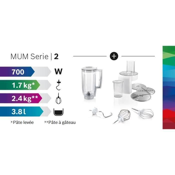 Bosch MUMS2EW20 - Robot multifonction compact 700 W - Bol inox 3,8 L, blender 1,25 L, 3 disques, kit pâtisserie - Blanc Bosch MUMS2EW20 - Robot multifonction compact 700 W - Bol inox 3,8 L, blender 1,25 L, 3 disques, kit pâtisserie - Blanc