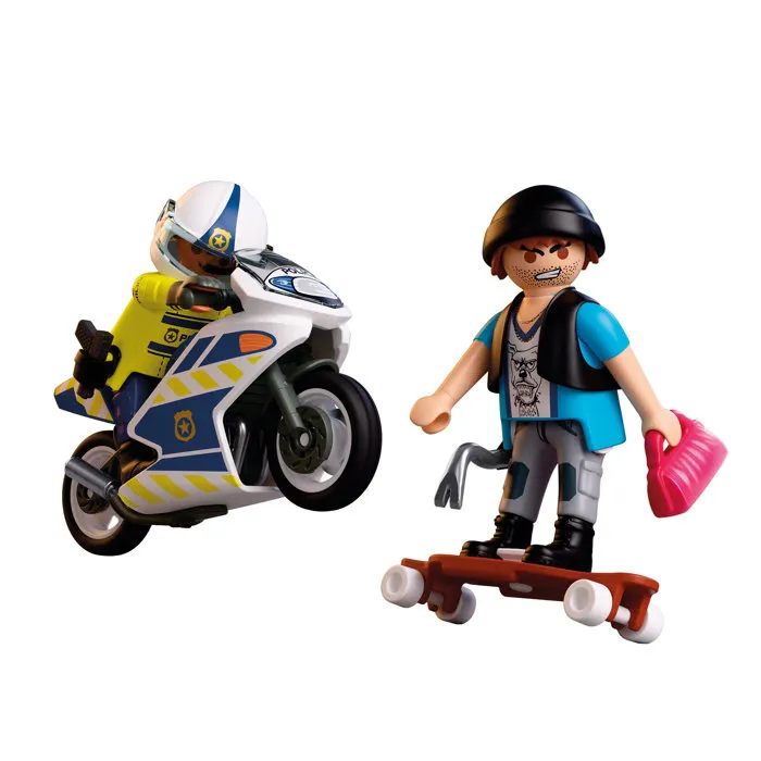 Playmobil 72079 - Set de Figurine et Véhicule Course-poursuite en Moto de Police avec Motard et Bandit pour Enfants