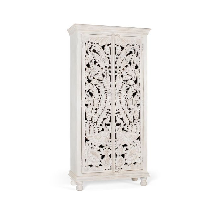 Giner y Colomer - Buffet en bois de manguier massif, finition blanc vieilli, portes sculptées main, 3 étagères - 180x90x40 cm 1