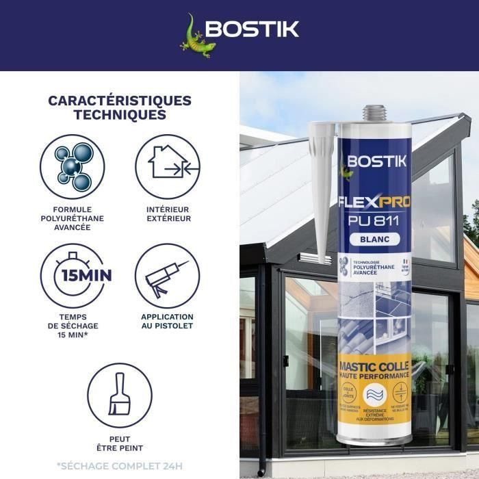 Mastic colle/joint - BOSTIK - Flexpro PU811 - Tous matériaux - Intérieur/extérieur - Blanc - 300 ml 2
