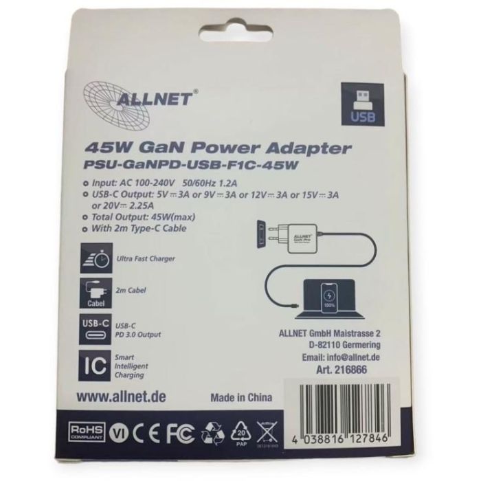 Z ALLNET Ersatznetzteil QC USB-C PD GaN Netzteil Power Supply45Watt 1x USB Typ-C mit 2m festem Kabel**EU PLUG** 3