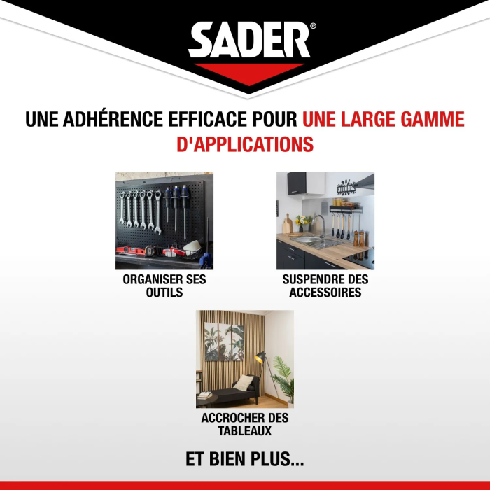 Sader - Ruban adhésif double face extra fort Extreme - Fixation sans percer - Support jusqu'à 10 kg - Intérieur - 2 m x 19 mm - Blanc