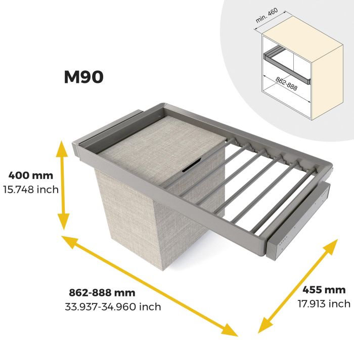 Emuca Kit de porte-pantalon à 7tringles, panier et rack ajustable Quartz pour armoires, glissières extension totale et à fermeture douce, Module 90cm, Finition Titane 10