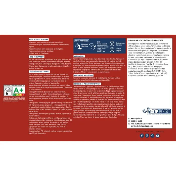 Ripolin - Peinture multi-supports rouge piment RAL 3000 mate - Protection UV, intempéries et corrosion - Pour bois, métal, béton, PVC - Pot de 2 litres