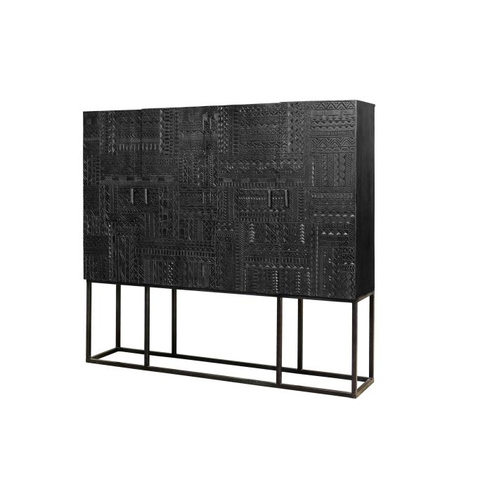 GINER Y COLOMER Buffet 4 portes en bois de manguier massif avec hiéroglyphe sculpté main, pates métal noir, noyer foncé 1 GINER Y COLOMER Buffet 4 portes en bois de manguier massif avec hiéroglyphe sculpté main, pates métal noir, noyer foncé 1