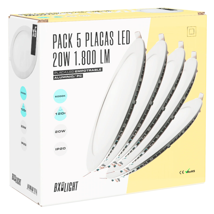 Pack de 5 Plafonniers LED encastrables circulaires BX3 20W 1800lm 6000K blanc froid, 40000h [BX3-1011P5-W]