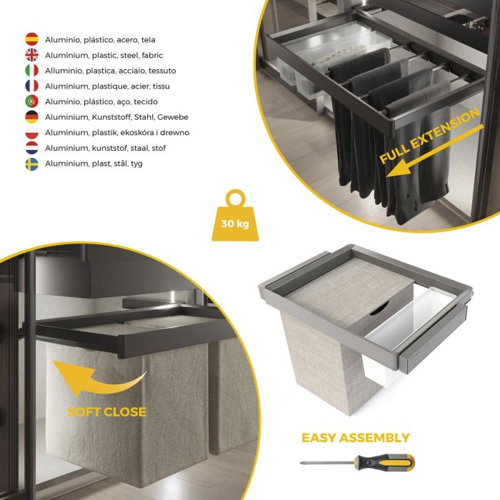 Emuca Kit plateau auxiliaire, panier et rack ajustable Quartz pour armoires, glissières extension totale et à fermeture douce, Module 70cm, Finition Titane 6