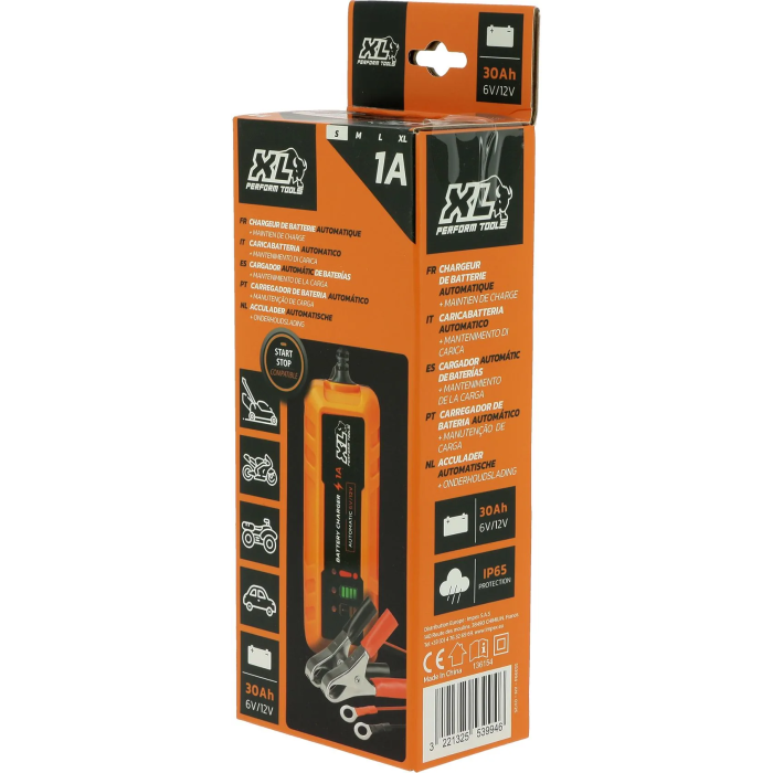 Xl Perform Tools XLPT - Chargeur de batterie 12V/6V, 1A 20W intelligent, câble 3m détachable avec pinces crocodile et cosses à œillet - Protection IP65