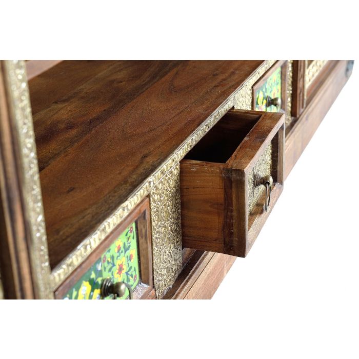 GINER Y COLOMER Meuble TV en acacia massif couleur cerise avec détails en azulejos et bronze, 2 portes, 3 tiroirs - 60 x 180 x 40 cm 3