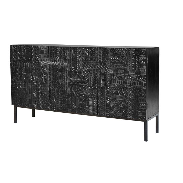 GINER Y COLOMER - Buffet en bois de manguier massif noir avec motif hiéroglyphe sculpté à la main et pattes en métal - 150 x 85 x 40 cm 1 GINER Y COLOMER - Buffet en bois de manguier massif noir avec motif hiéroglyphe sculpté à la main et pattes en métal - 150 x 85 x 40 cm 1
