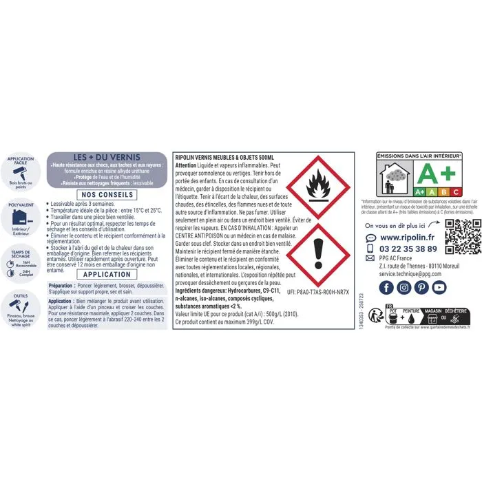 Ripolin - Peinture Meubles et Objets - Satin incolore - 0,5L - Pour bois, mélaminé, stratifié, métal - Intérieur & Extérieur - Bio-sourcée