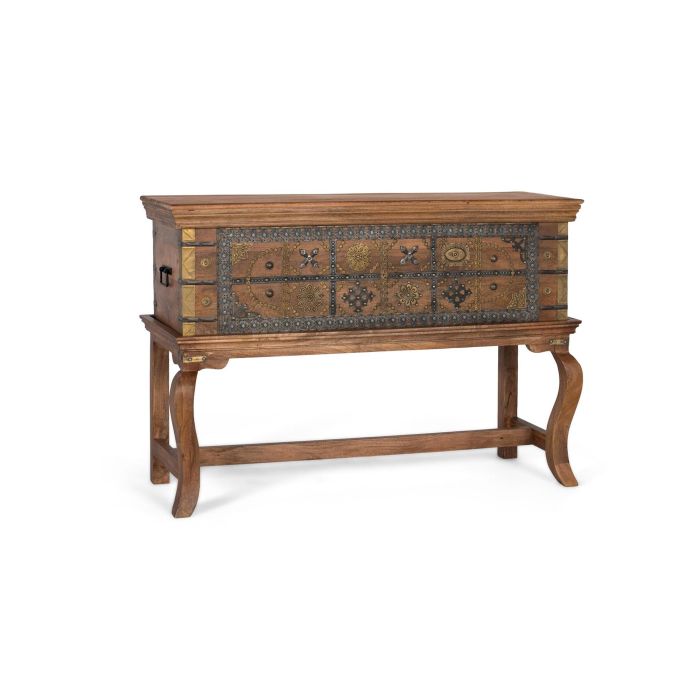 GINER Y COLOMER Console Antique en Bois de Manguier Naturel avec Décor en Laiton Repoussé et Pieds Courbes - 34x106x34cm (intérieur) 1 GINER Y COLOMER Console Antique en Bois de Manguier Naturel avec Décor en Laiton Repoussé et Pieds Courbes - 34x106x34cm (intérieur) 1