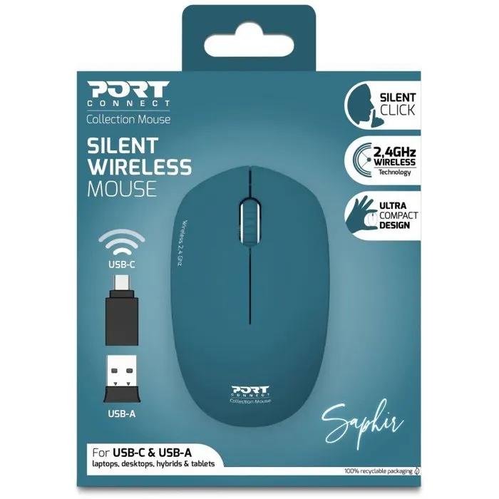 Port Designs Souris sans fil 900545 Collection II, technologie 2.4 GHz, ultra-compacte et silencieuse, couleur bleu profond