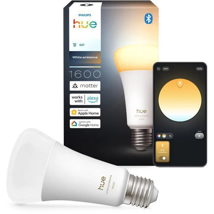 Philips Hue Ampoule LED connectée E27 11,8W A67 - Blanc chaud 2700K 1600 lumens - Gradation fluide 5%-100% compatible application Hue Philips Hue Ampoule LED connectée E27 11,8W A67 - Blanc chaud 2700K 1600 lumens - Gradation fluide 5%-100% compatible application Hue
