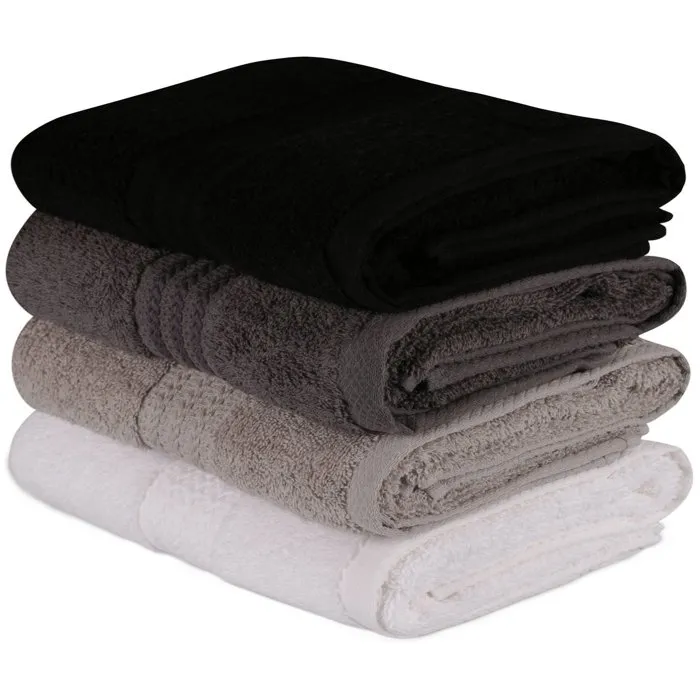 Ensemble de 4 Serviettes de Bain en Coton 100%, 50 x 90 cm, Couleurs Neutres (Blanc, Gris, Anthracite, Noir) Ensemble de 4 Serviettes de Bain en Coton 100%, 50 x 90 cm, Couleurs Neutres (Blanc, Gris, Anthracite, Noir)