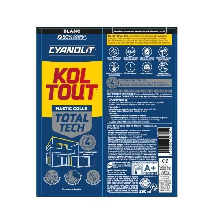 Colle de fixation et d'étanchéité - CYANOLIT - Total tech - Blanc - Cartouche 290 ml - Multi-matériaux - Étanche et flexible 4