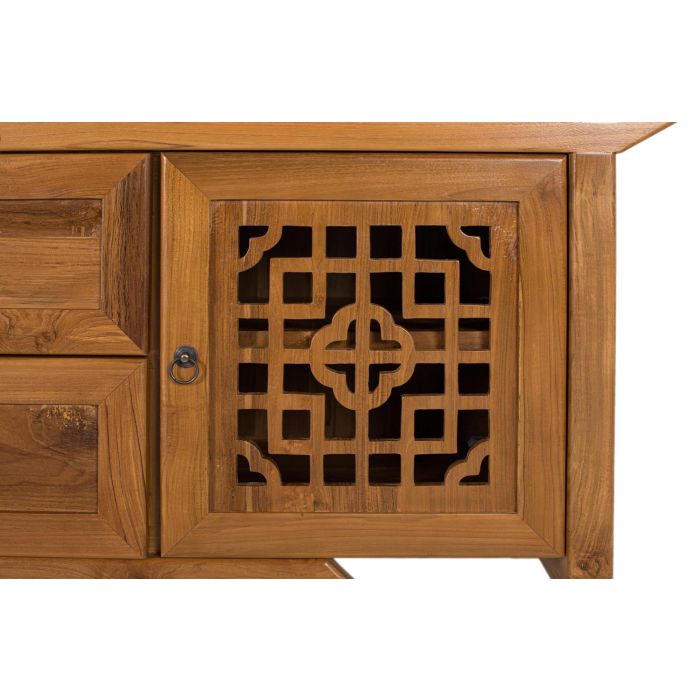 GINER Y COLOMER - Meuble TV en teck massif, style ethnique contemporain avec 2 portes sculptées et 2 tiroirs, finition miel clair, 180 cm de largeur 4 GINER Y COLOMER - Meuble TV en teck massif, style ethnique contemporain avec 2 portes sculptées et 2 tiroirs, finition miel clair, 180 cm de largeur 4