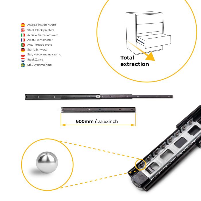 Emuca Lot de 5 jeux de Coulisses pour tiroirs, roulement à billes, hauteur 45mm, profondeur 600mm, sortie totale, Noir 5