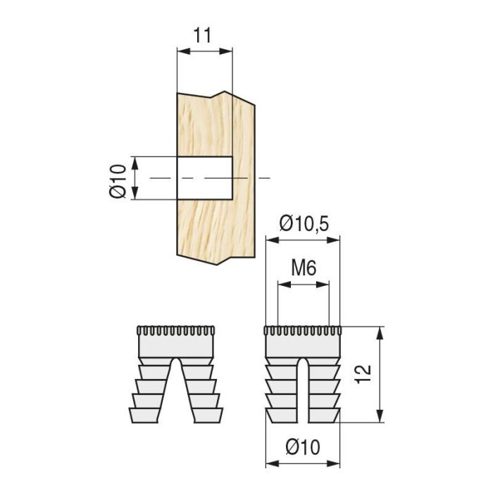 Tuerca Nylon Expansible En Tiras M6 D10-12 Tiras De 12Pzs. Para Taladro De 10Mm.- Traversa 2