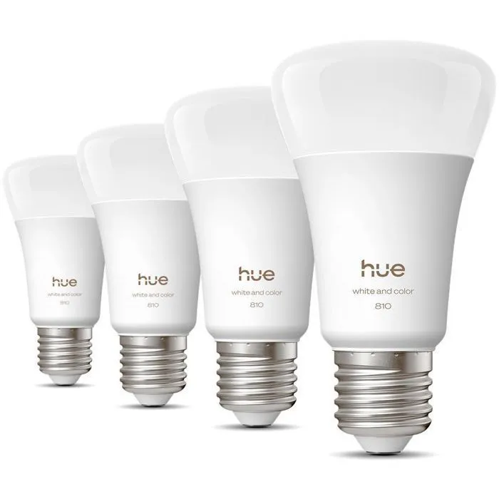 Philips Hue - Pack de 4 ampoules LED connectées A60 E27 - Lumière blanche et colorée, 6W (810 lm) - Gradation complète et technologie Chromasync Philips Hue - Pack de 4 ampoules LED connectées A60 E27 - Lumière blanche et colorée, 6W (810 lm) - Gradation complète et technologie Chromasync