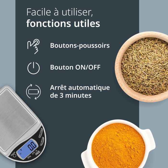 Balance de cuisine digitale - ADE - POCKET - Plastique ABS - De 0,1 a 300 Gr - Inclus 2 piles AAA 3 Balance de cuisine digitale - ADE - POCKET - Plastique ABS - De 0,1 a 300 Gr - Inclus 2 piles AAA 3