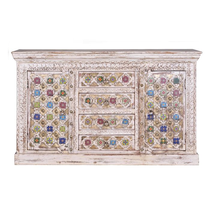 GINER Y COLOMER Buffet en bois de manguier avec détails en céramique et bronze, finition blanc vieilli, 150 x 45 x 95 cm 1 GINER Y COLOMER Buffet en bois de manguier avec détails en céramique et bronze, finition blanc vieilli, 150 x 45 x 95 cm 1