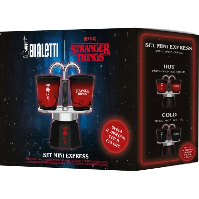 Bialetti Cafetière italienne Moka Express Stranger Things, Noir/Rouge, 130 ml avec 2 tasses thermosensibles - Édition collector