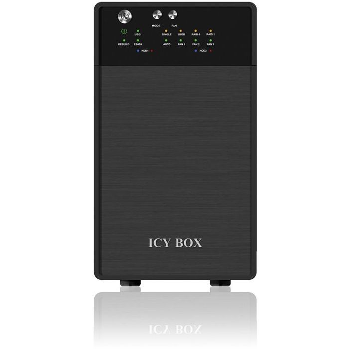 ICY BOX IB-RD3620SU3 Station RAID USB 3.0 et eSATA pour 2 disques durs 3.5" SATA II/III, RAID 0/1/JBOD, boîtier bureau en aluminium noir