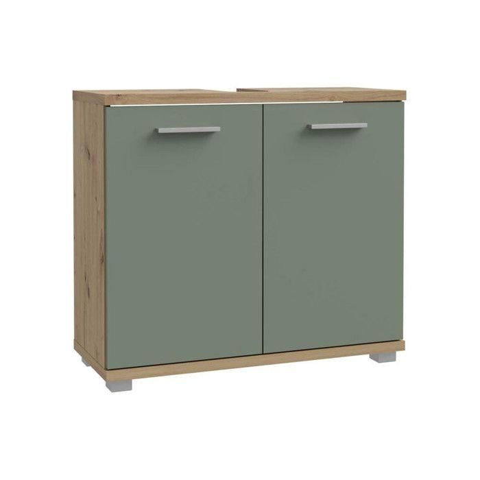 Meuble sous-lavabo - 2 portes - Décor chene & vert sauge - L69,9 x P28,9 x H62 cm - CHAMP 0 Meuble sous-lavabo - 2 portes - Décor chene & vert sauge - L69,9 x P28,9 x H62 cm - CHAMP 0