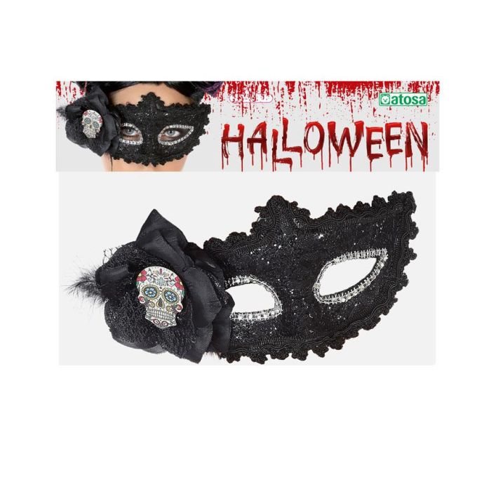 Masque Antifaz Muerte Mejicana Style Catrina - Masque Noir Brillant pour Femme Adulte avec Calavera, Encage et Fleur pour Día de Muertos, Halloween, Événement Gothique