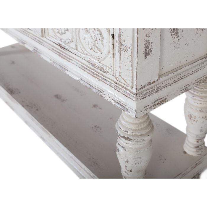 GINER Y COLOMER Console en Bois de Mango Blanc Décaper 3 Portes Sculptées Main avec Étagère Inférieure et Pieds Tournés - 148x44x103 cm 4 GINER Y COLOMER Console en Bois de Mango Blanc Décaper 3 Portes Sculptées Main avec Étagère Inférieure et Pieds Tournés - 148x44x103 cm 4