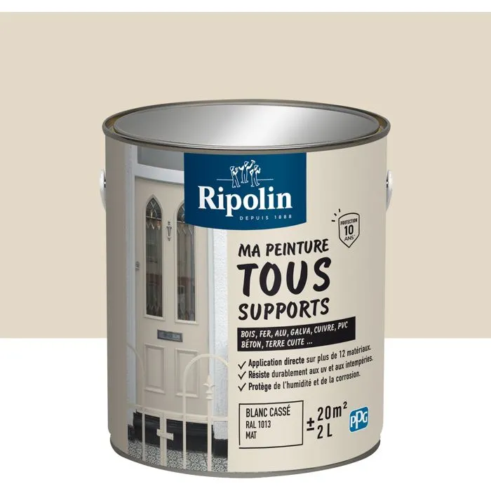 Ripolin - Peinture Multi-Supports Mat Blanc Cassé RAL 1013 - 2 Litres - Pour Bois, Métal, Béton, PVC, 12 Matériaux - Résiste aux UV et Intempéries