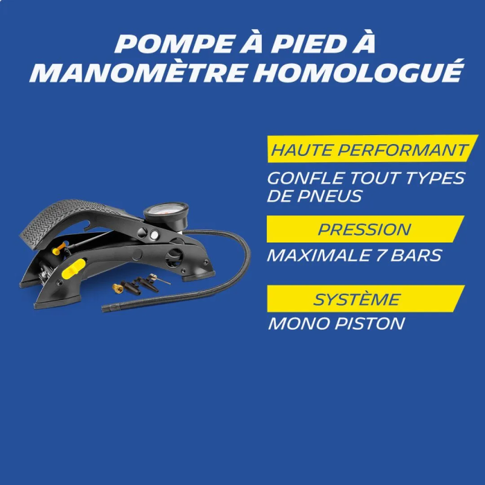 Michelin Pompe à pied avec manomètre homologuée 7 Bar - Modèle 2023 - Flexible 60 cm - Embouts inclus - Pour voiture, moto, vélo, 4x4 Michelin Pompe à pied avec manomètre homologuée 7 Bar - Modèle 2023 - Flexible 60 cm - Embouts inclus - Pour voiture, moto, vélo, 4x4