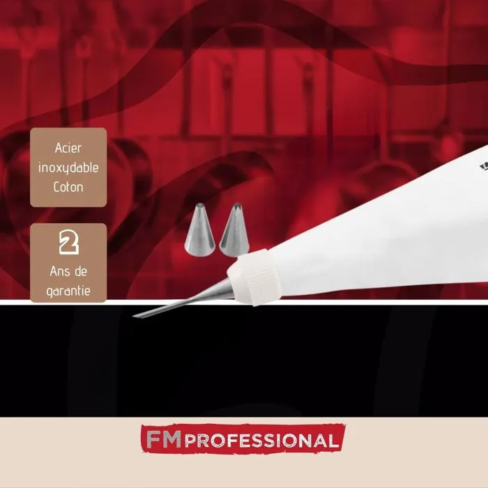 FM Professional - Poche à douille réutilisable en coton 28 cm avec 3 douilles inox motifs étoile, rond et remplissage - Accessoire pâtisserie professionnel