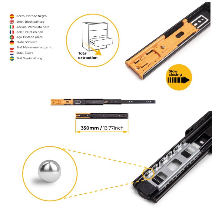 Emuca Lot de 5 jeux de Coulisses pour tiroirs, roulement à billes, hauteur 45mm, profondeur 350mm, sortie totale, fermeture amortie, Noir 7