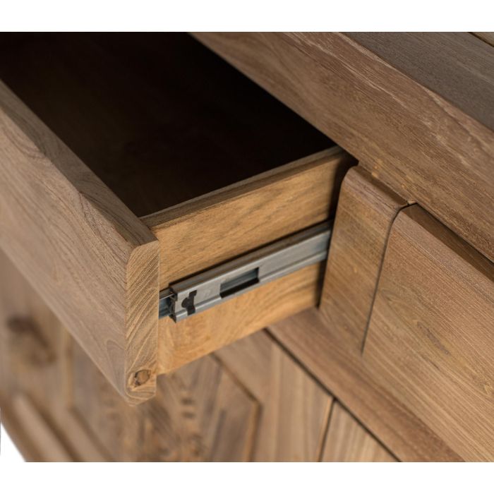 GINER Y COLOMER - Buffet en bois de teca massif style oriental avec 2 tiroirs et 2 portes sculptées, finition naturelle rustique - Dimensions L110 x P41 x H77 cm