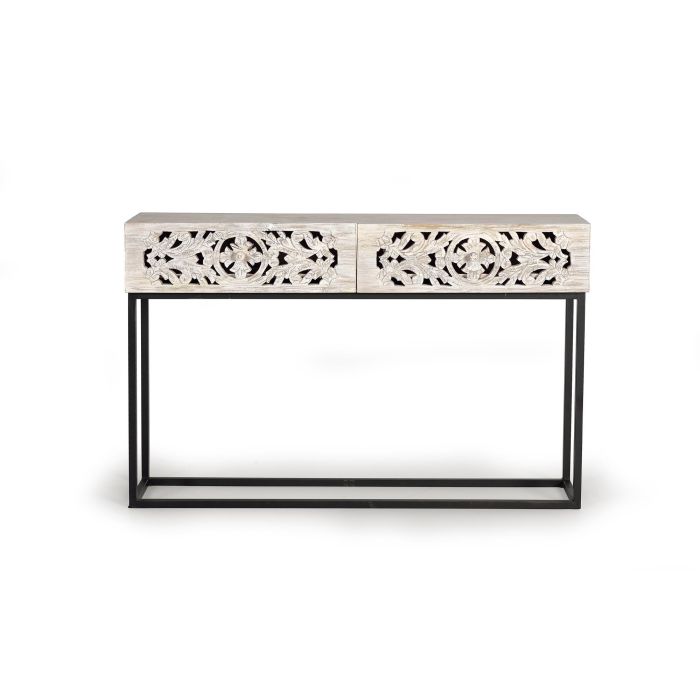 GINER Y COLOMER Console en Bois de Mango avec Patins Métal, Finition Blanc Vieilli et Noir - 120 cm de Large, 77 cm de Haut, 30 cm de Profondeur 1