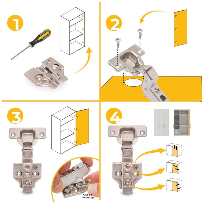 Emuca Lot de 20 charnières super coudées X91 à fermeture amortie avec embases à visser, Hauteur 0, Acier, Nickelé 7 Emuca Lot de 20 charnières super coudées X91 à fermeture amortie avec embases à visser, Hauteur 0, Acier, Nickelé 7