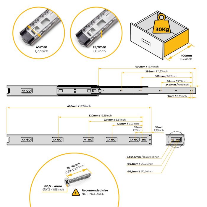 Emuca Jeu de coulisses à billes pour tiroir à sortie totale, hauteur 45mm, longueur 400mm, Acier, Zingué 8