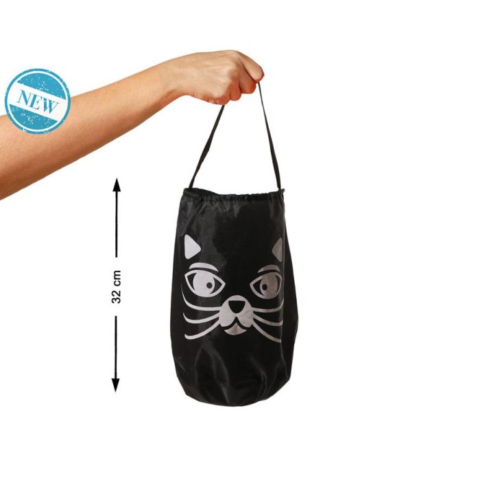 Sac à friandises noir 32 cm avec motif tête de chat pour Halloween - Accessoire déguisement sorcière, fête