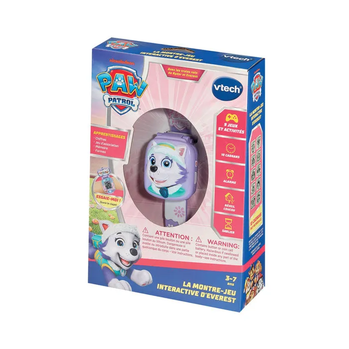 VTech - Pat Patrouille - Montre interactive Everest pour enfant 3-7 ans avec écran LCD et lumière - Violet - Français