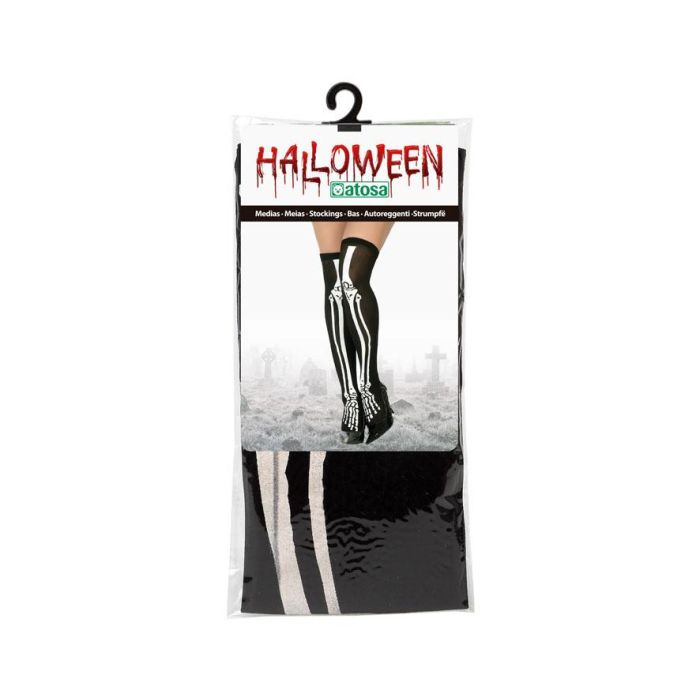 Collants Femme Noirs à Motif Os Blancs pour Déguisement Halloween - Accessoire Adulte