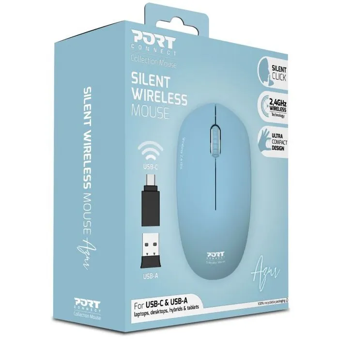 Port Designs Souris sans fil Collection II, 2.4 GHz Bleu azur, Ultra-compacte et silencieuse - 900544